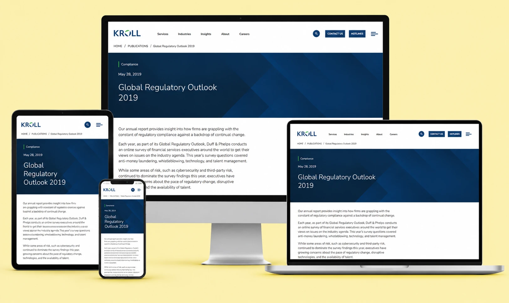 Kroll Global Regulatory Outlook shown on desktop, laptop, tablet and phone